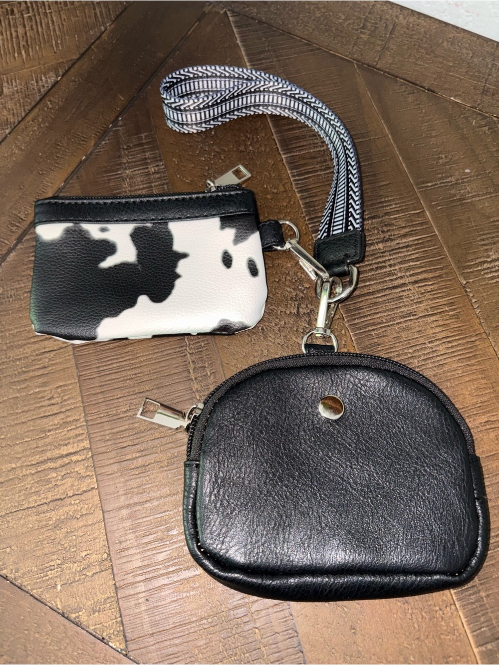 Black Leather Compact Wristlet with Cow Print Coin Pouch Handmade
